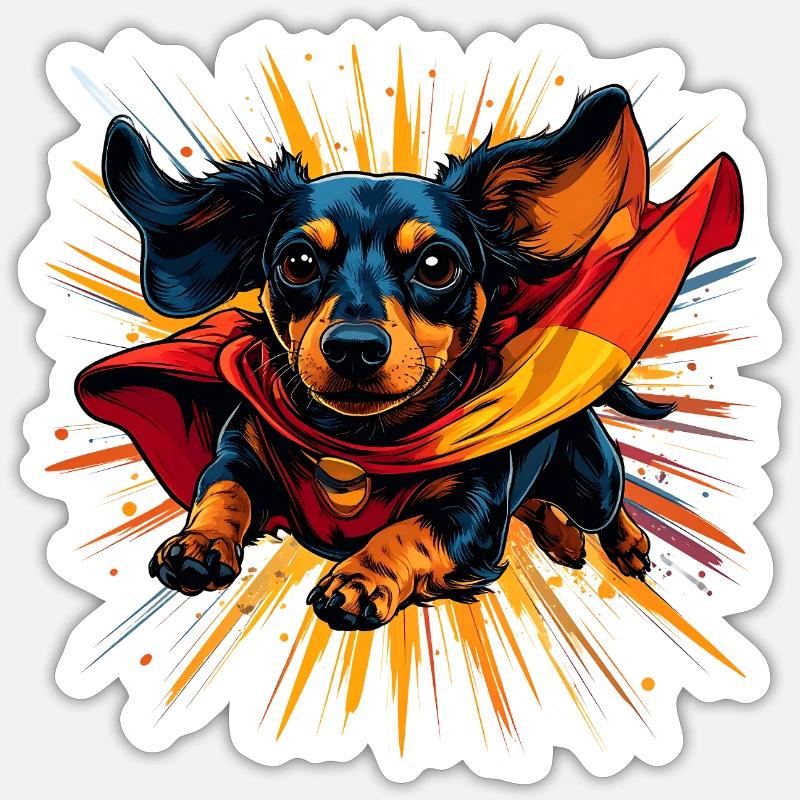 Superhelden-Dackel Cape - Sticker Größe S (10 x 10 cm) - Mattweiß
