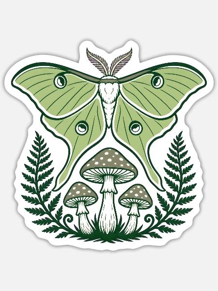 Luna-Motten-Pilze Farne Waldkunst - Sticker Größe S (10 x 10 cm) - Mattweiß