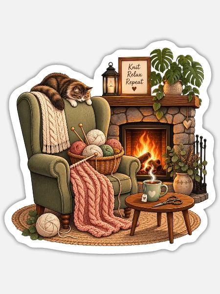 Kuschelige Strickzeit am Kamin stricken Handarbeit - Sticker Größe S (10 x 10 cm) - Mattweiß