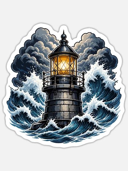 Leuchtturm im Sturm - Sticker Größe S (10 x 10 cm) - Mattweiß