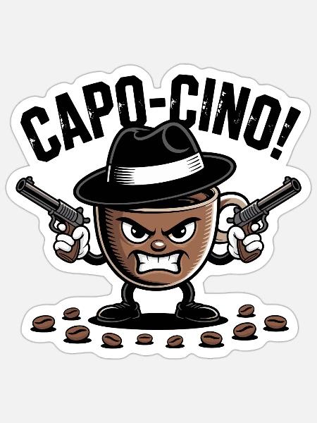 CAPO-CINO – Gangster-Kaffee-Wortspiel-Zeichentrick-Design - Sticker Größe S (10 x 10 cm) - Mattweiß