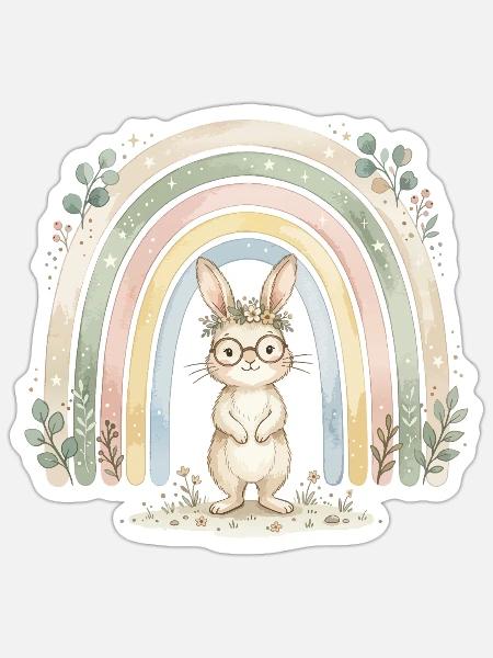 Hase mit Brille unter dem Regenbogen-Aquarell - Sticker Größe S (10 x 10 cm) - Mattweiß