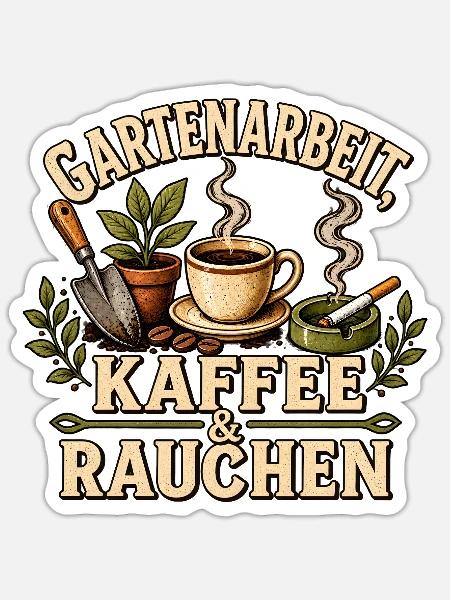 Gartenarbeit Kaffee Rauchen - Sticker Größe S (10 x 10 cm) - Mattweiß