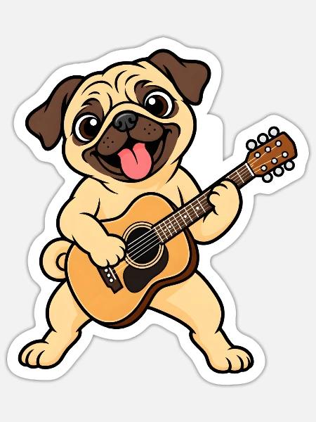 Süßer Mops mit Akustikgitarre - Sticker Größe S (10 x 10 cm) - Mattweiß