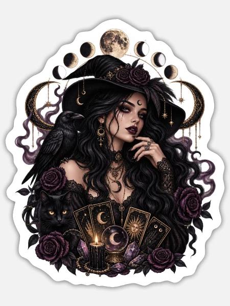 Mondmagie-Witch mit Krähenrosen - Sticker Größe S (10 x 10 cm) - Mattweiß
