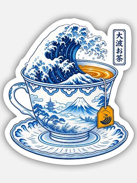 Japanische Welle in Teetasse Kunst - Sticker Größe S (10 x 10 cm) - Mattweiß
