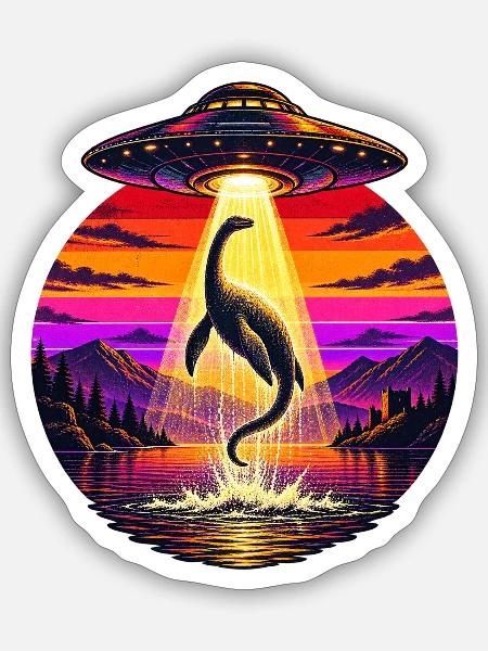 UFO-Strahl-Lochness-Monster Sonnenuntergangsneon - Sticker Größe S (10 x 10 cm) - Mattweiß