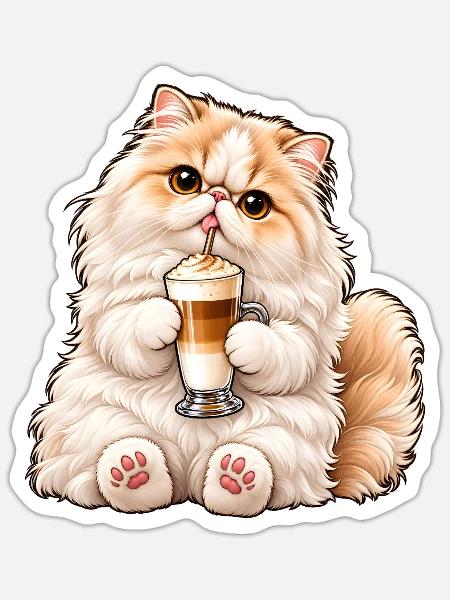 Süße Perserkatze mit Latte Macchiato - Sticker Größe S (10 x 10 cm) - Mattweiß