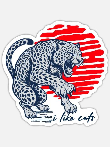 I Like Cats – Vintage Leopard mit roter Sonne - Sticker Größe S (10 x 10 cm) - Mattweiß
