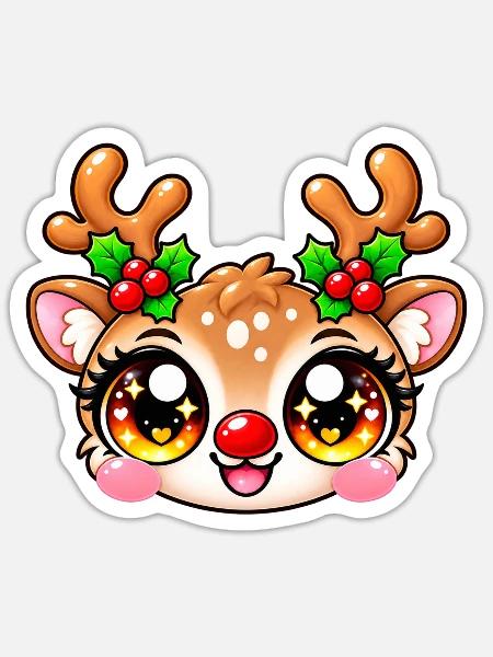 Kawaii-Hirsch leuchtende Stechpalme - Sticker Größe S (10 x 10 cm) - Mattweiß