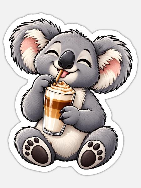 Süßer Koala mit Latte Macchiato - Sticker Größe S (10 x 10 cm) - Mattweiß