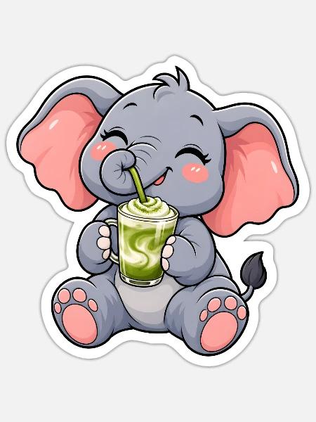 Süßer Elefant mit Matcha Latte - Sticker Größe S (10 x 10 cm) - Mattweiß