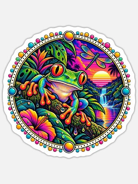 Psychedelischer Frosch Sonnenuntergang - Sticker Größe S (10 x 10 cm) - Mattweiß