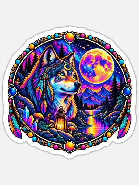 Kosmischer Wolf im Mondlicht - Sticker Größe S (10 x 10 cm) - Mattweiß