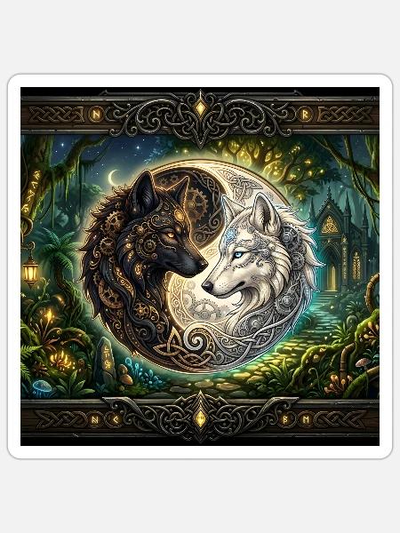 Celtic Wolves Yin Yang – Steampunk-Harmonie - Sticker Größe S (10 x 10 cm) - Mattweiß