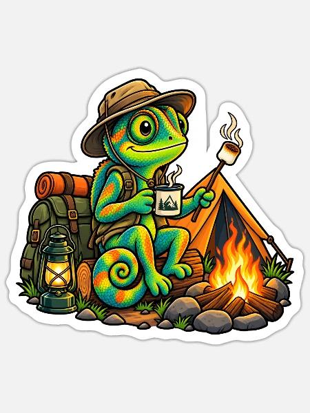 Chamäleon beim Camping - Sticker Größe S (10 x 10 cm) - Mattweiß