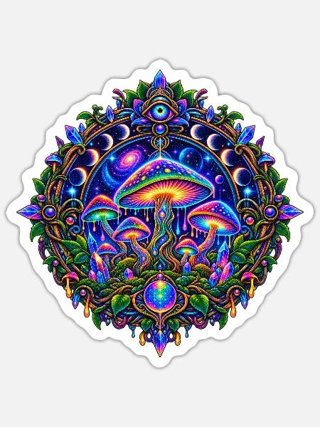 Kosmisches Pilz Mandala - Sticker Größe S (10 x 10 cm) - Mattweiß