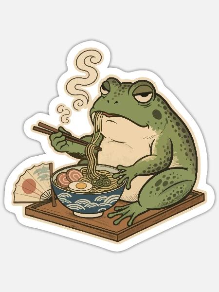 Grummeliger Frosch isst Ramen - Sticker Größe S (10 x 10 cm) - Mattweiß