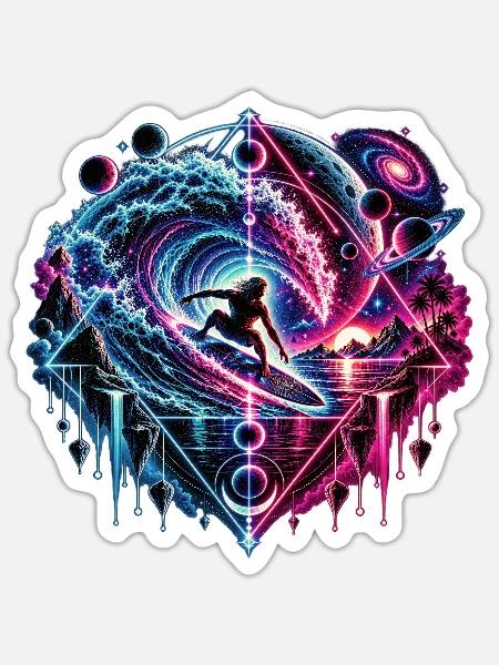 Kosmischer Wellenreiter – Surfen im All - Sticker Größe S (10 x 10 cm) - Mattweiß