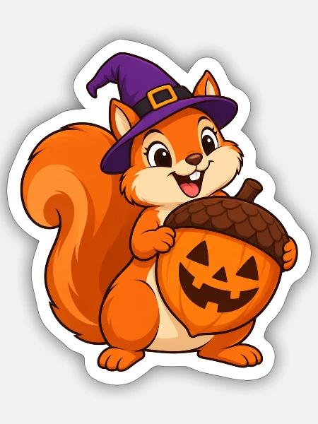 Halloween-Eichhörnchen mit Kürbis-Eichel - Sticker Größe S (10 x 10 cm) - Mattweiß