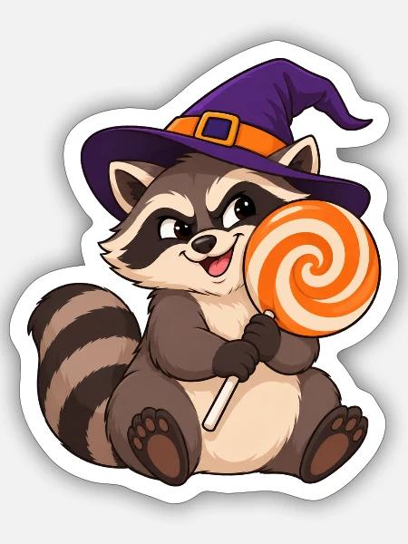 Halloween-Waschbär mit riesigem Lutscher - Sticker Größe S (10 x 10 cm) - Mattweiß