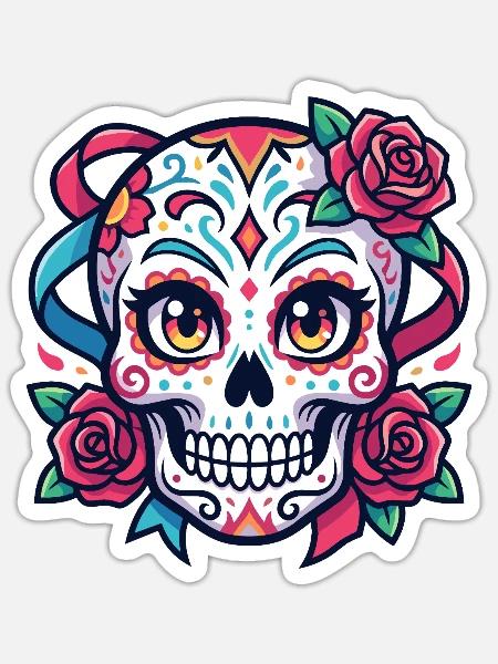 Süßer Zuckerschädel mit Rosen und Bändern - Sticker Größe S (10 x 10 cm) - Mattweiß