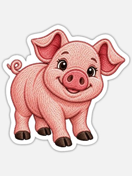 Niedliches Schwein im Stickerei-Look - Sticker Größe S (10 x 10 cm) - Mattweiß