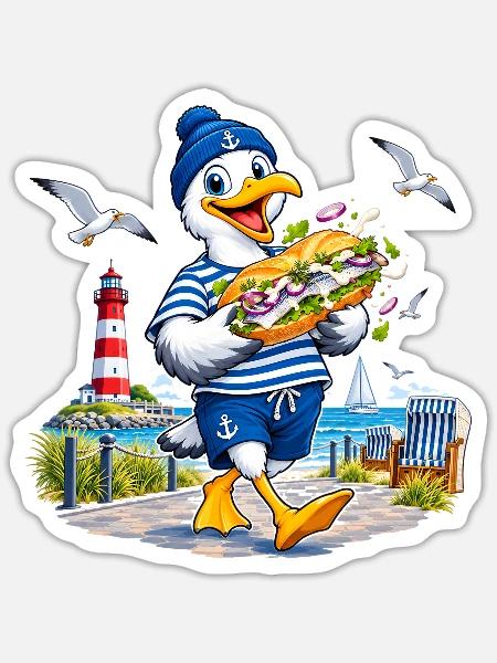 Küstenmöwe Mopsi mit Sandwich - Sticker Größe S (10 x 10 cm) - Mattweiß