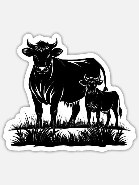Angus-Kuh und Kalb - Sticker Größe S (10 x 10 cm) - Mattweiß