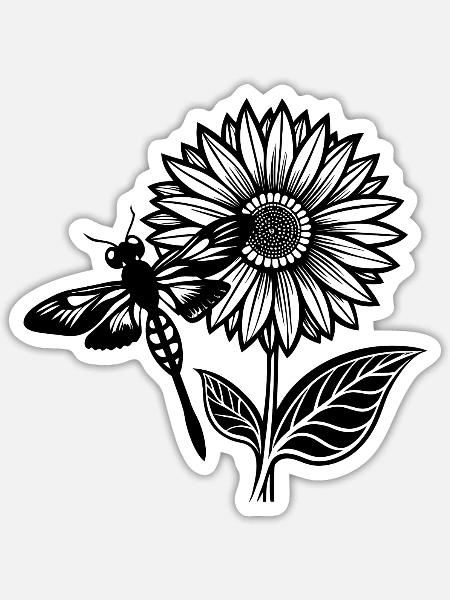 Libelle und Sonnenblume - Sticker Größe S (10 x 10 cm) - Mattweiß