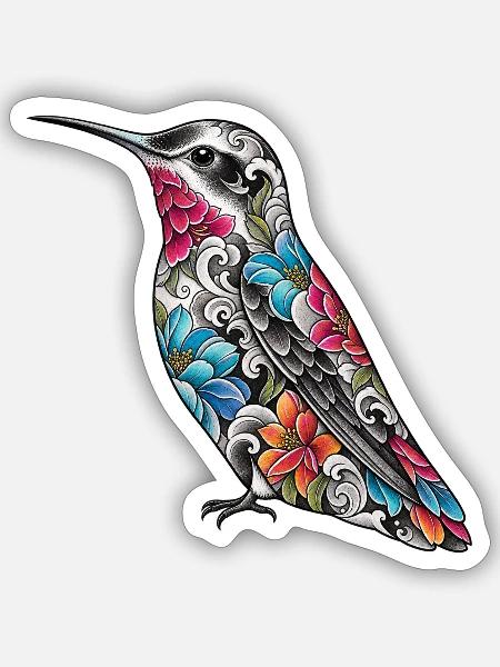 Kolibri Floral Tattoo-Stil - Sticker Größe S (10 x 10 cm) - Mattweiß