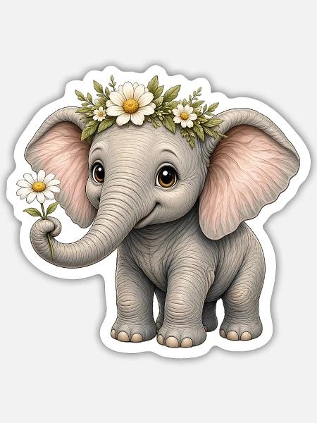 Cute Elephant – Daisy Trunk Friend - Sticker Größe S (10 x 10 cm) - Mattweiß