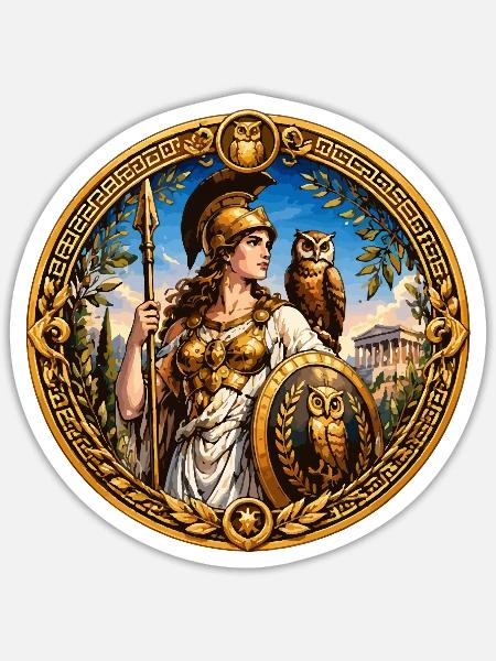 Athene mit Speer, Schild und Eulen - Sticker Größe S (10 x 10 cm) - Mattweiß