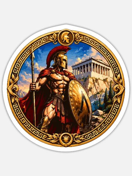 Spartanischer Krieger am Parthenon - Sticker Größe S (10 x 10 cm) - Mattweiß