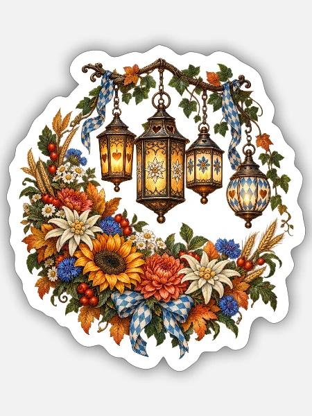 Festlaternen mit Alpenblumen & Edelweiß - Sticker Größe S (10 x 10 cm) - Mattweiß