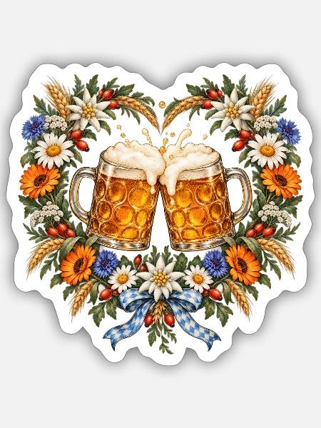 Bierkrüge im Blumenherz – Prost Volksfest - Sticker Größe S (10 x 10 cm) - Mattweiß