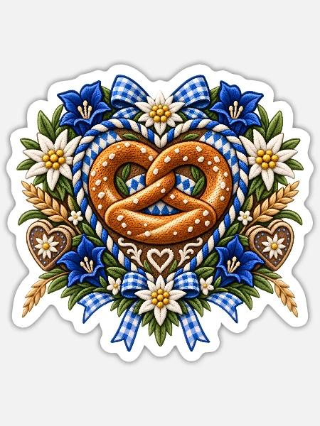 Brezel mit Edelweiß und Enzian - Sticker Größe S (10 x 10 cm) - Mattweiß