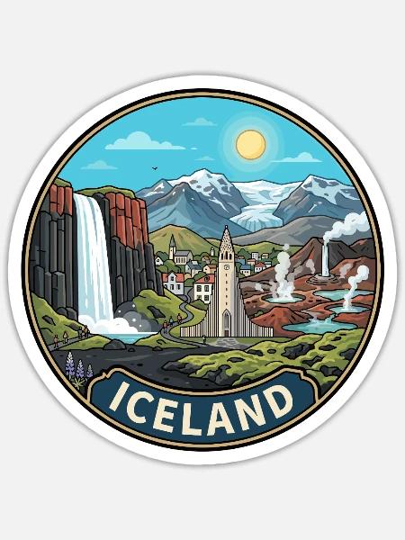 Island-Reiseabzeichen Skogafoss-Wasserfallvulkan - Sticker Größe S (10 x 10 cm) - Mattweiß