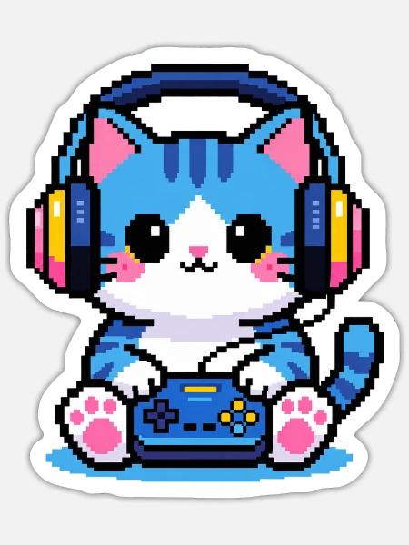 8-Bit Gamer Cat — Retro-Pixelkunst - Sticker Größe S (10 x 10 cm) - Mattweiß