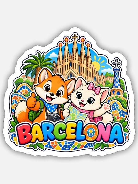 Tavi & Nela in Barcelona - Sticker Größe S (10 x 10 cm) - Mattweiß