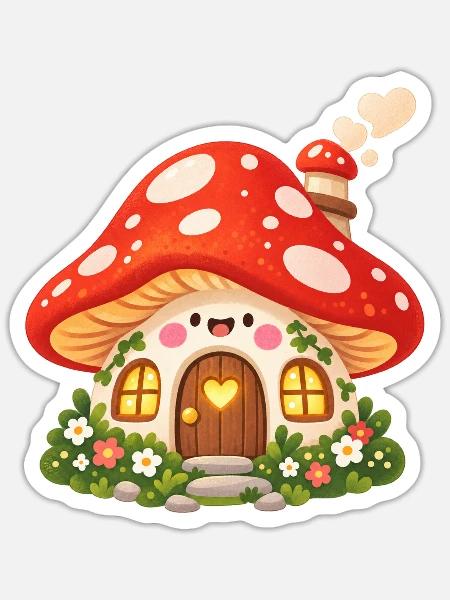 Kleines Pilzhäuschen mit Herzfenster - Sticker Größe S (10 x 10 cm) - Mattweiß