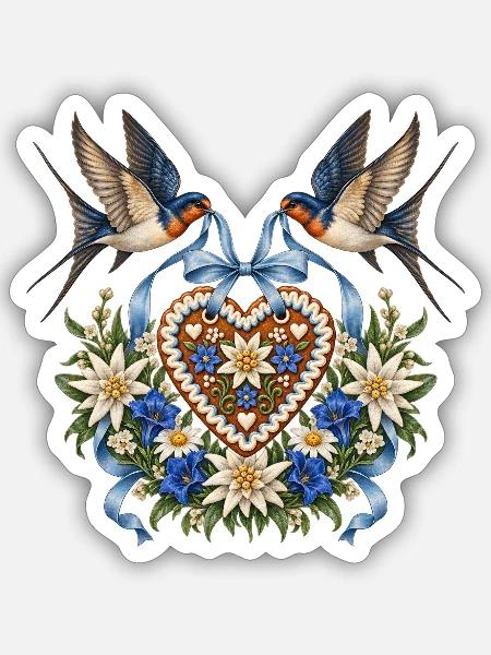 Schwalben mit Lebkuchenherz & Edelweiß - Sticker Größe S (10 x 10 cm) - Mattweiß