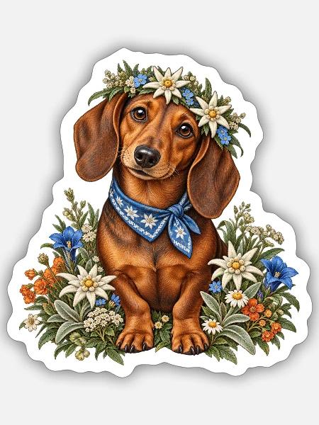Dackel mit Edelweißkranz & Trachtentuch - Sticker Größe S (10 x 10 cm) - Mattweiß