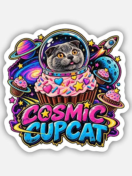 Cosmic Cupcat – Katze im Weltraum - Sticker Größe S (10 x 10 cm) - Mattweiß