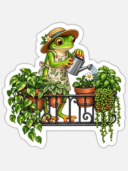 Frosch beim Pflanzengießen - Sticker Größe S (10 x 10 cm) - Mattweiß