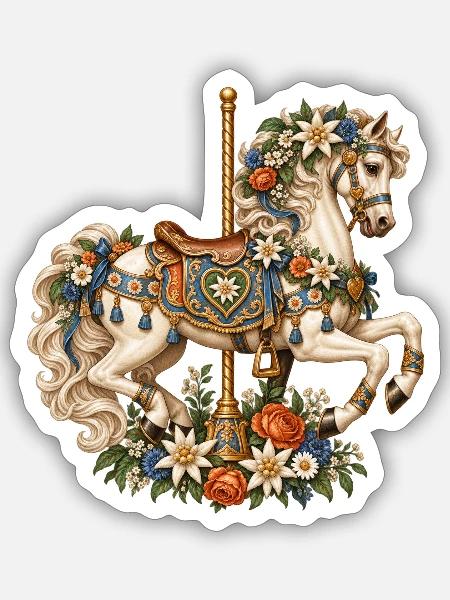 Karussellpferd mit Edelweiß & Alpenblumen - Sticker Größe S (10 x 10 cm) - Mattweiß