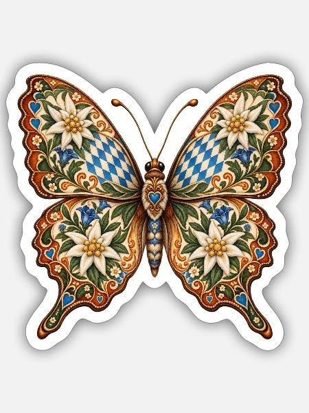 Trachten-Schmetterling mit Edelweiß & Enzian - Sticker Größe S (10 x 10 cm) - Mattweiß