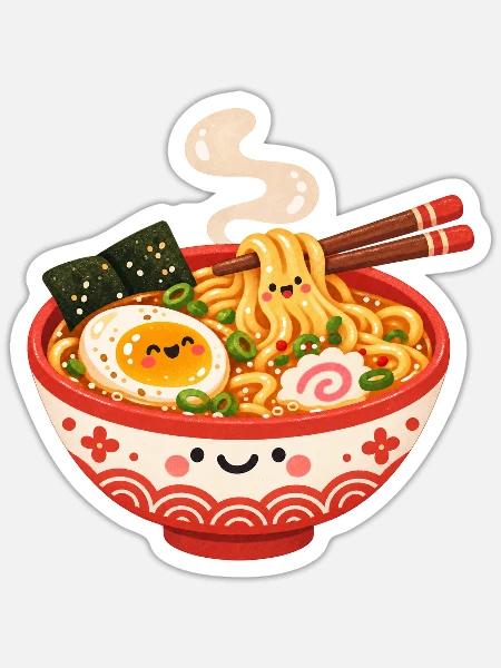 Kawaii Ramen Glücksschüssel - Sticker Größe S (10 x 10 cm) - Mattweiß