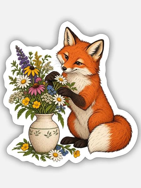 Fuchs arrangiert Wildblumen - Sticker Größe S (10 x 10 cm) - Mattweiß