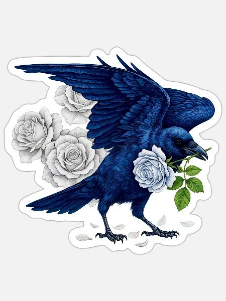 Blauer Rabe und Rosen - Sticker Größe S (10 x 10 cm) - Mattweiß